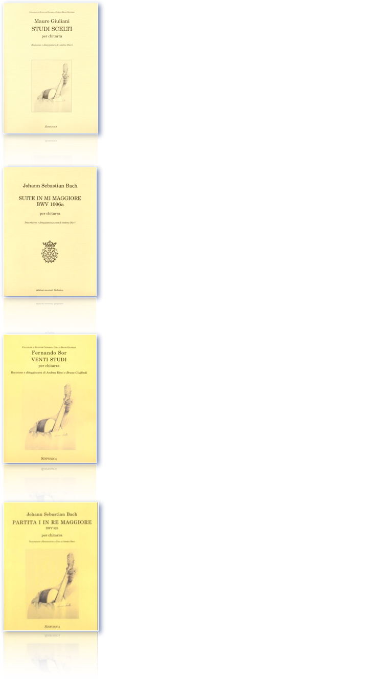 

￼
-Mauro GiulianiStudi scelti (scelta, revisione e diteggiatura di Andrea Dieci)Sinfonica 0161







￼


Johann Sebastian BachSuite in mi maggiore BWV 1006a 
(trascrizione e diteggiatura di Andrea Dieci)






￼


Fernando Sor20 Studi (revisione e diteggiatura di Andrea Dieci e Bruno Giuffredi)







￼


Partita I in Re maggiore BWV 825Trascrizione e diteggiatura a cura di Andrea Dieci